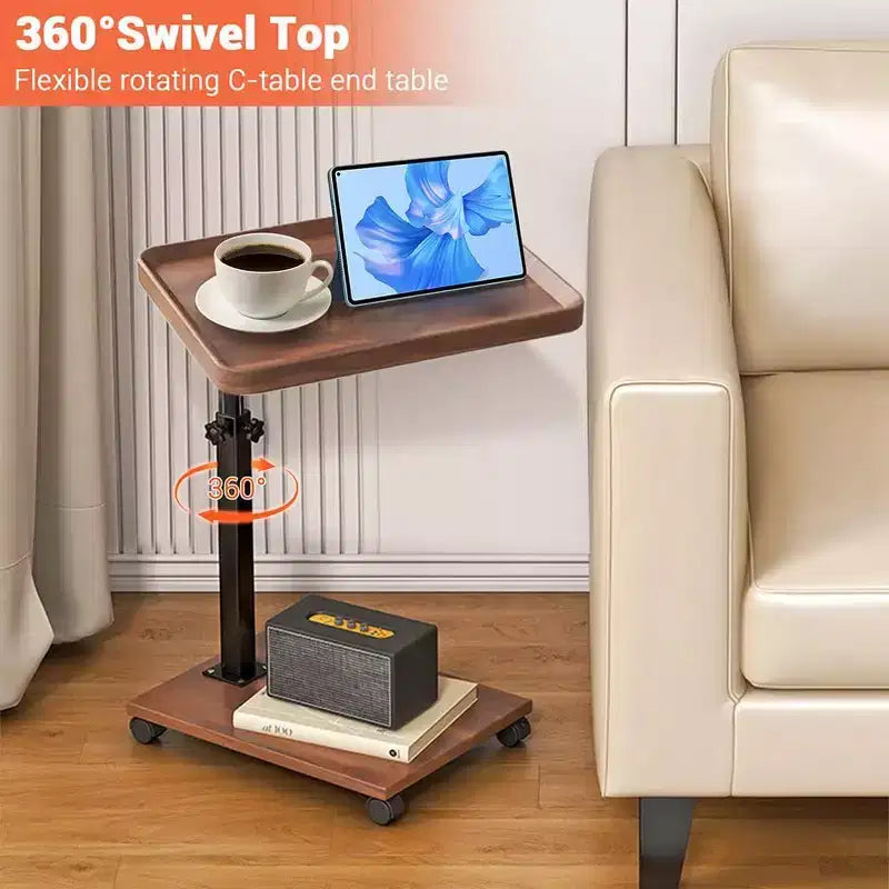 Tavolino a C con Altezza Regolabile, Tavolino Porta TV Girevole a 360° per Piccoli Spazi, Tavolino Salvaspazio da Divano con Ruote per Soggiorno Camera da Leto