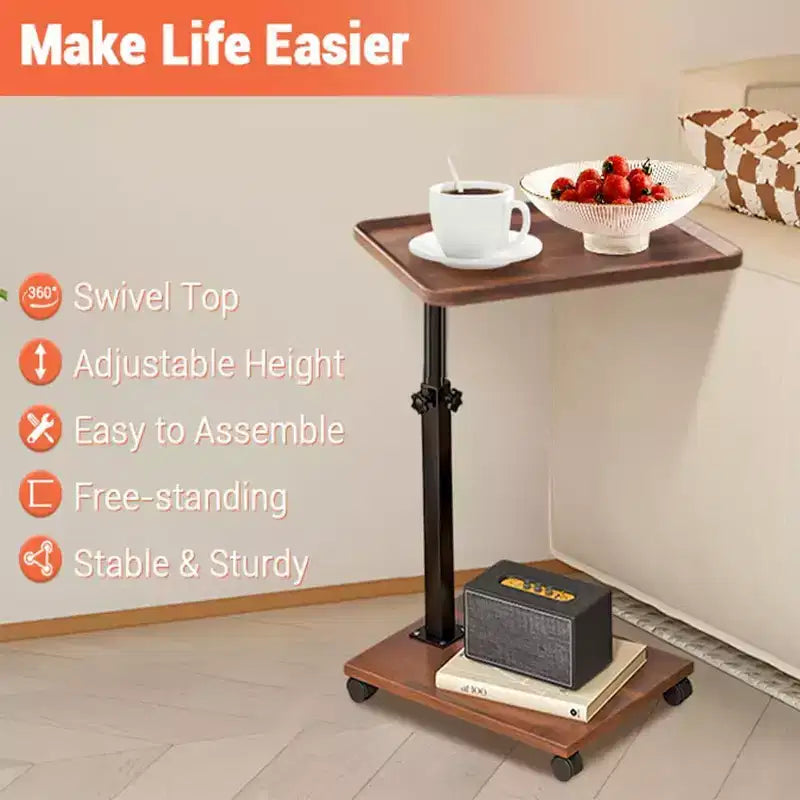 Tavolino a C con Altezza Regolabile, Tavolino Porta TV Girevole a 360° per Piccoli Spazi, Tavolino Salvaspazio da Divano con Ruote per Soggiorno Camera da Leto