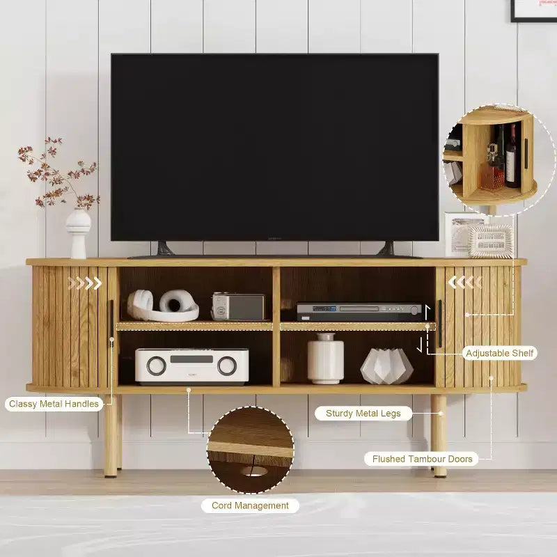 Mobile TV per televisori fino a 80 pollici, consolle multimediale con ante scorrevoli e vani portaoggetti, centro di intrattenimento moderno in legno per soggiorno e camera da letto