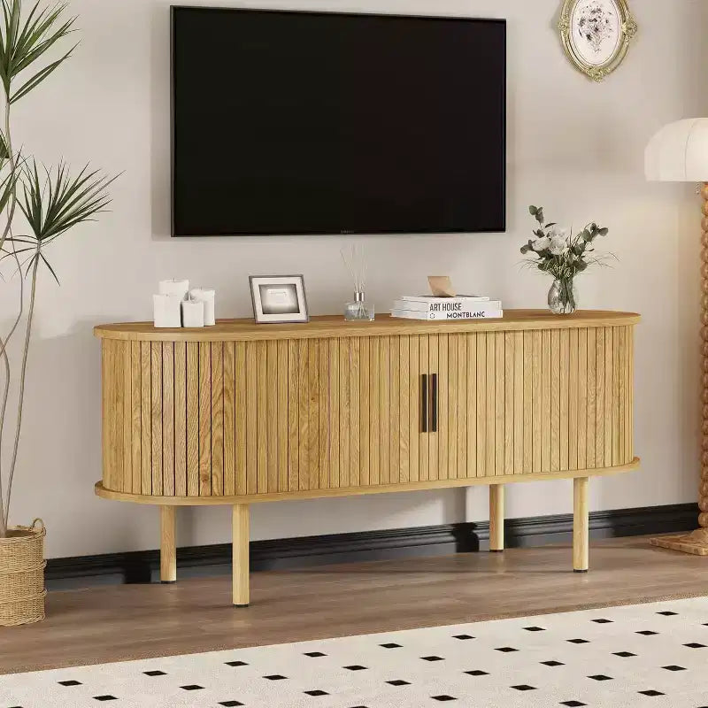 Mobile TV per televisori fino a 80 pollici, consolle multimediale con ante scorrevoli e vani portaoggetti, centro di intrattenimento moderno in legno per soggiorno e camera da letto