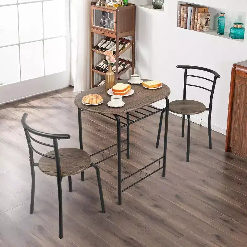 VINGLI Set da pranzo 3 pezzi, tavolino da cucina per 2 persone, set tavolo per la colazione per piccoli spazi/sala da pranzo/appartamento, struttura in metallo, portabottiglie