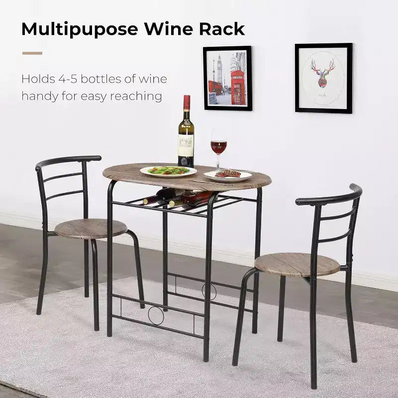 VINGLI Set da pranzo 3 pezzi, tavolino da cucina per 2 persone, set tavolo per la colazione per piccoli spazi/sala da pranzo/appartamento, struttura in metallo, portabottiglie