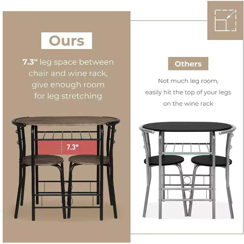 VINGLI Set da pranzo 3 pezzi, tavolino da cucina per 2 persone, set tavolo per la colazione per piccoli spazi/sala da pranzo/appartamento, struttura in metallo, portabottiglie