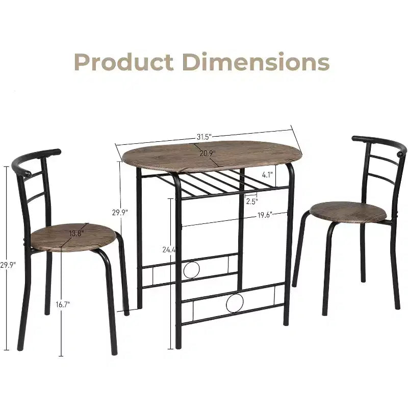 VINGLI Set da pranzo 3 pezzi, tavolino da cucina per 2 persone, set tavolo per la colazione per piccoli spazi/sala da pranzo/appartamento, struttura in metallo, portabottiglie