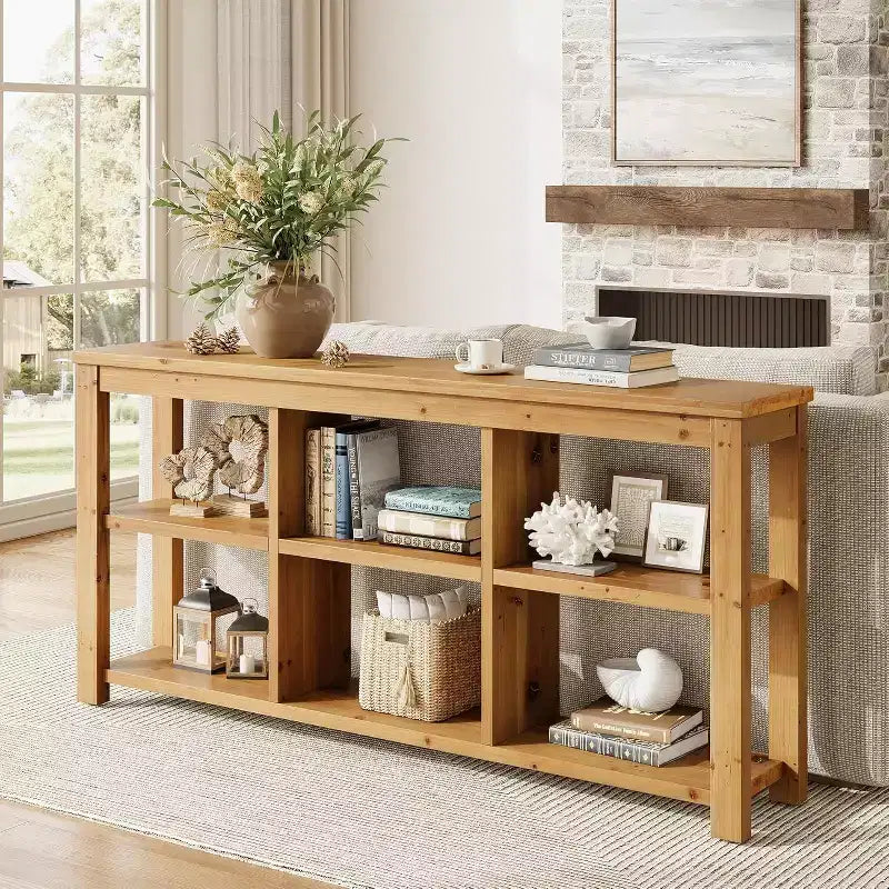 Lantine 63-Inch Solid Wood Console Table, 3-Tier Long Farmhouse Sofa Table with 6 Storage Cubes for Entryway, Living Room, Hallway, Brown