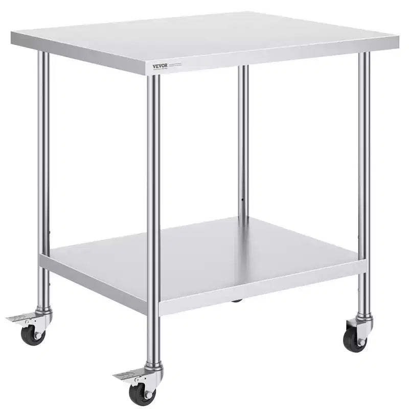 VIYET 38 Heavy Duty Stainless Steel Table - 4 Wheels, 3 Adjustable Heights, Silver
