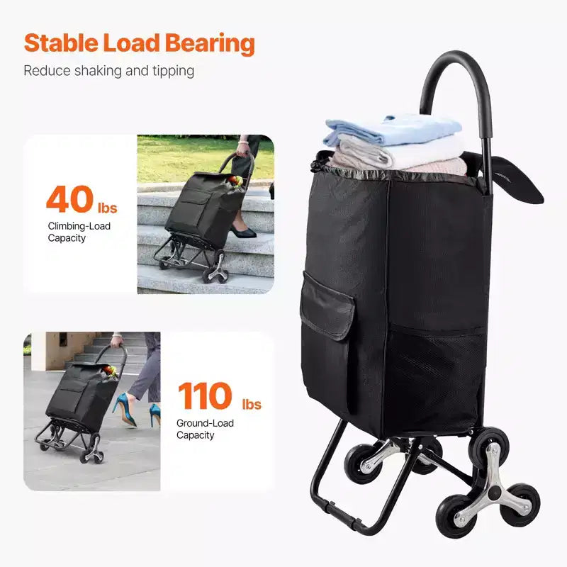 Carrello Pieghevole per la Spesa Saliscale a 6 Ruote con Borsa da 36L Nero