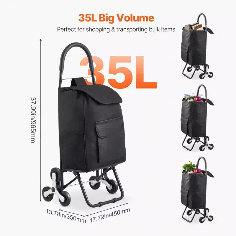 Carrello Pieghevole per la Spesa Saliscale a 6 Ruote con Borsa da 36L Nero