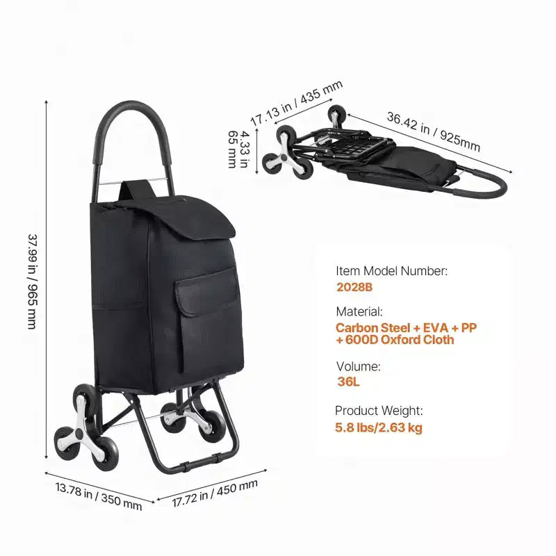 Carrello Pieghevole per la Spesa Saliscale a 6 Ruote con Borsa da 36L Nero