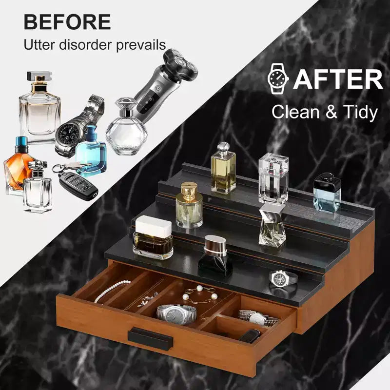 Espositore per Profumi in Legno a 3 Livelli Organizer per Profumi con Cassetto a Scomparsa Alzata per Fragranze per Decorazione da Banco Regalo Unico