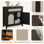 Madia Buffet in Rattan, con Cassetto e Mobile Bar Rustico per Sala da Pranzo e Soggiorno, Nero