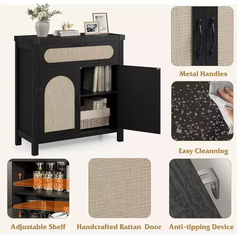 Madia Buffet in Rattan, con Cassetto e Mobile Bar Rustico per Sala da Pranzo e Soggiorno, Nero