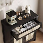 Madia Buffet in Rattan, con Cassetto e Mobile Bar Rustico per Sala da Pranzo e Soggiorno, Nero