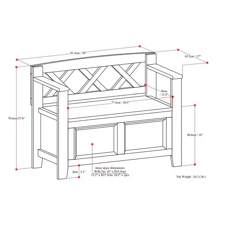 Panca contenitore per ingresso Halifax in legno massello, stile transizionale, larghezza 91 cm