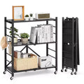VEVOR 3-Tier Foldable Storage Shelf, 30W x 13D x 36H Inch Folding Metal Rack Shelving Unit, No Assembly Organizer Shelf with 5 Wheels & 4 Hooks,Black