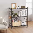 VEVOR Scaffale portaoggetti pieghevole a 3 ripiani, 76x33x91 cm, scaffale in metallo pieghevole, nessun montaggio richiesto, con 5 ruote e 4 ganci, nero