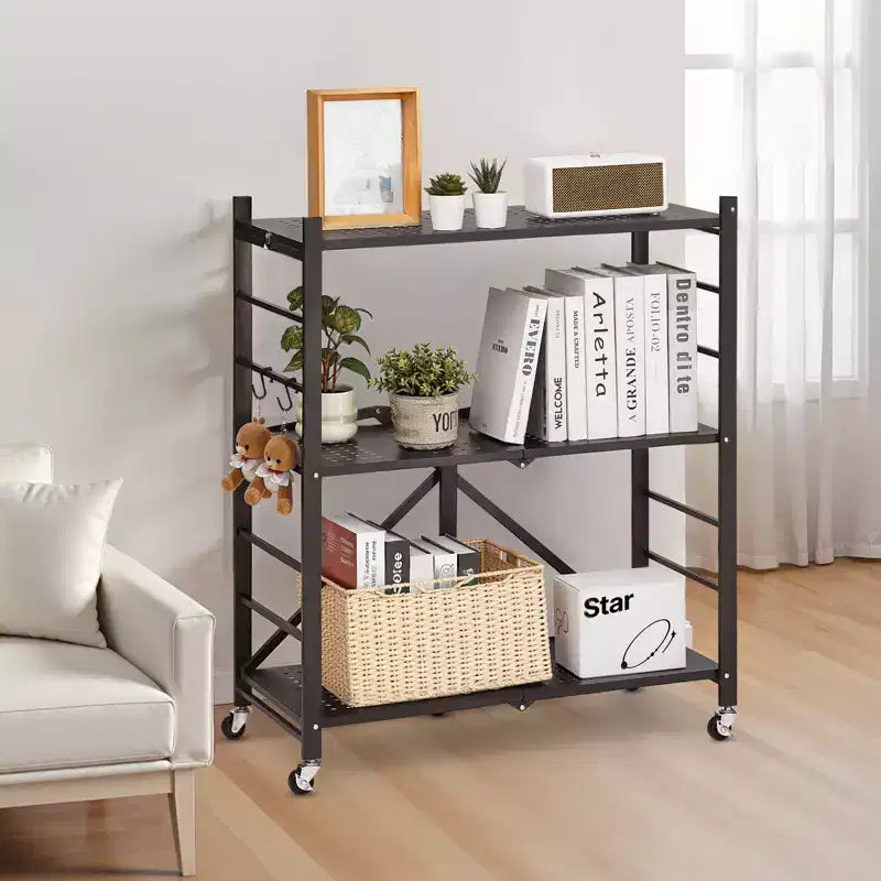 VEVOR Scaffale portaoggetti pieghevole a 3 ripiani, 76x33x91 cm, scaffale in metallo pieghevole, nessun montaggio richiesto, con 5 ruote e 4 ganci, nero