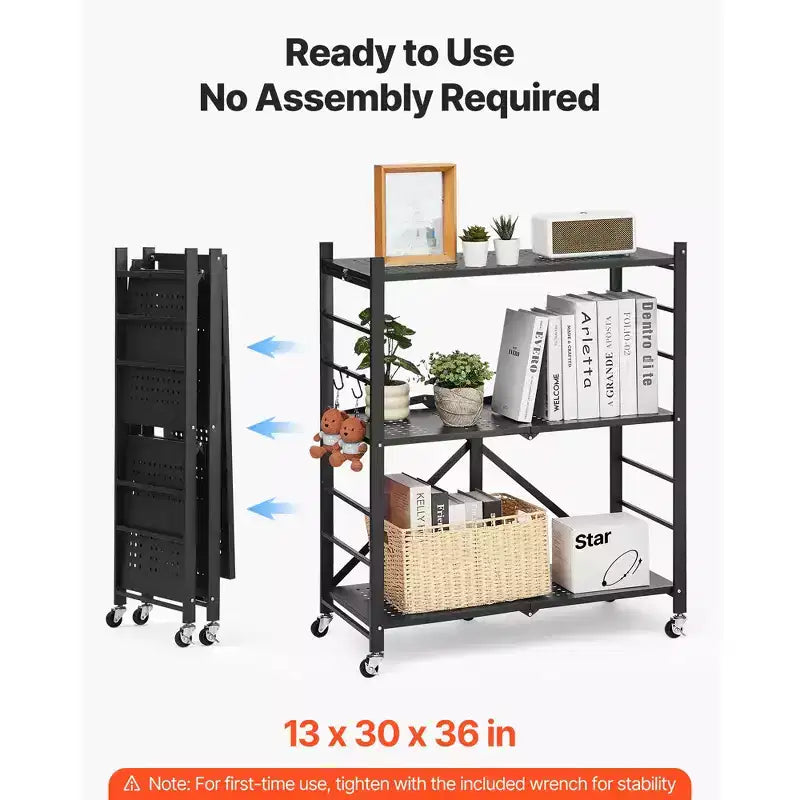 VEVOR Scaffale portaoggetti pieghevole a 3 ripiani, 76x33x91 cm, scaffale in metallo pieghevole, nessun montaggio richiesto, con 5 ruote e 4 ganci, nero