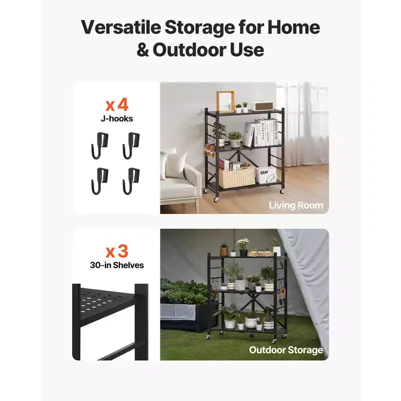VEVOR Scaffale portaoggetti pieghevole a 3 ripiani, 76x33x91 cm, scaffale in metallo pieghevole, nessun montaggio richiesto, con 5 ruote e 4 ganci, nero