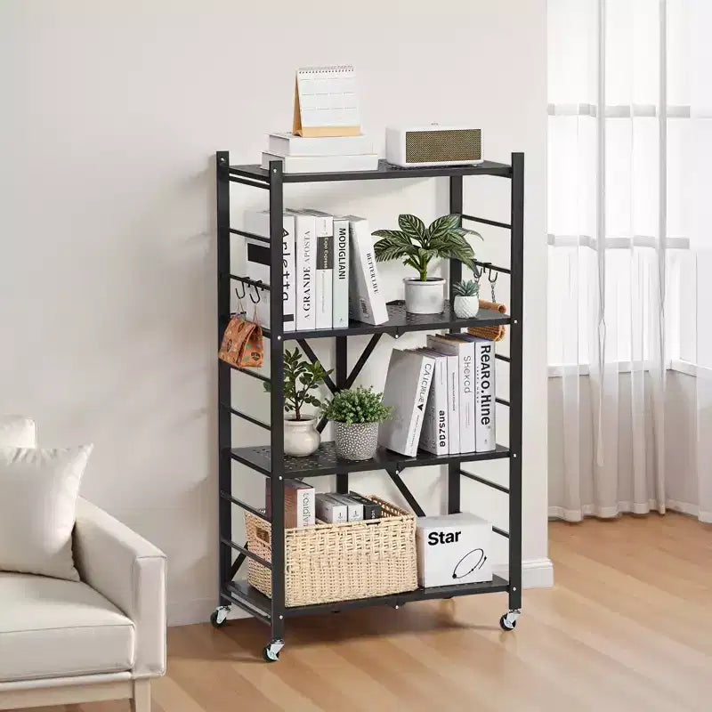 Scaffale portaoggetti pieghevole a 4 ripiani VEVOR, ripiano metallico pieghevole da 26W x 13D x 46H pollici, scaffale organizer senza montaggio con 5 ruote e 4 ganci, nero