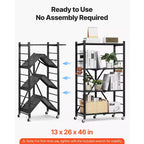 Scaffale portaoggetti pieghevole a 4 ripiani VEVOR, ripiano metallico pieghevole da 26W x 13D x 46H pollici, scaffale organizer senza montaggio con 5 ruote e 4 ganci, nero