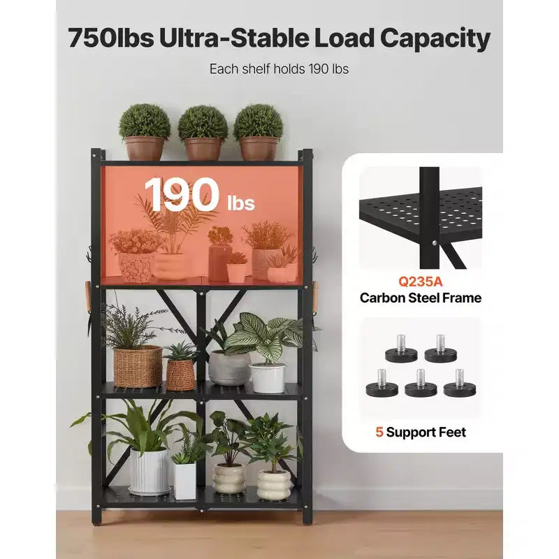 Scaffale portaoggetti pieghevole a 4 ripiani VEVOR, ripiano metallico pieghevole da 26W x 13D x 46H pollici, scaffale organizer senza montaggio con 5 ruote e 4 ganci, nero