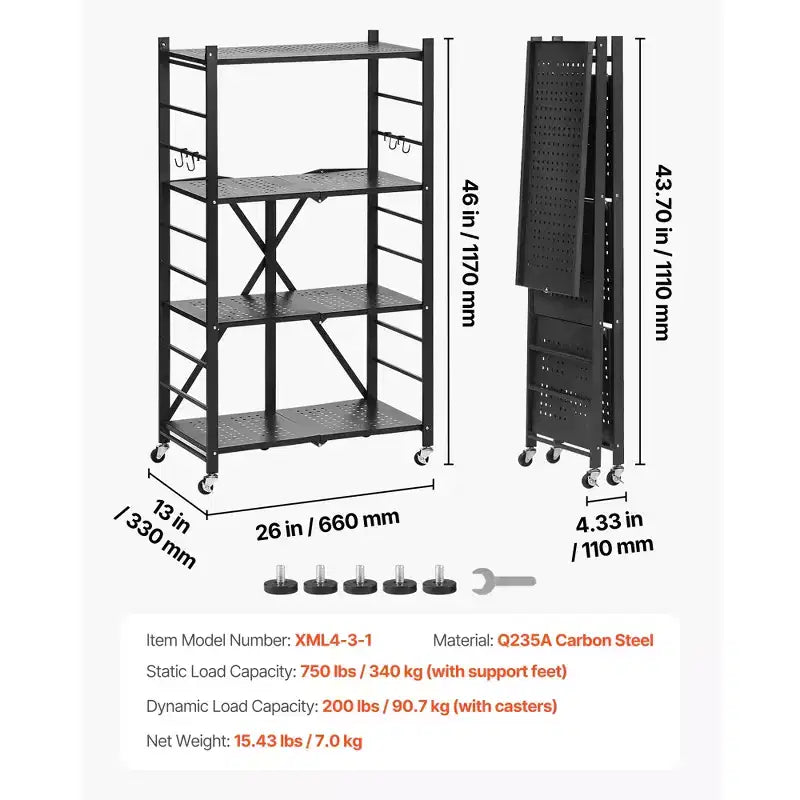 Scaffale portaoggetti pieghevole a 4 ripiani VEVOR, ripiano metallico pieghevole da 26W x 13D x 46H pollici, scaffale organizer senza montaggio con 5 ruote e 4 ganci, nero