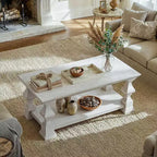 Homsee Farmhouse Solid Wood Coffee Table Double-Tier Storage Shelf Ornate Decorative Legs Center Table to Fix Chaos