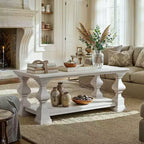 Tavolino da caffè Homsee in legno massello stile rustico, ripiano portaoggetti a doppio livello, gambe decorative ornate, tavolino centrale per mettere ordine nel caos