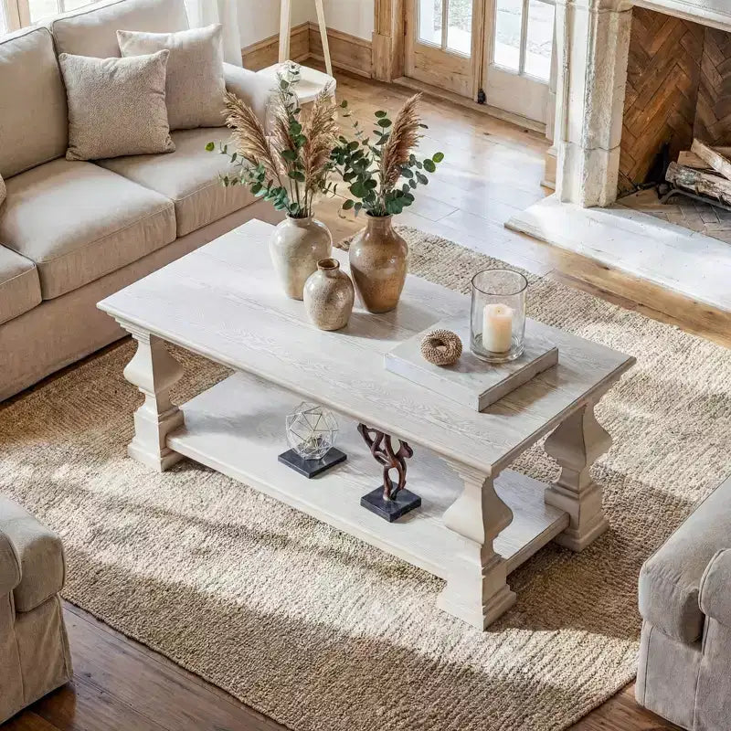 Tavolino da caffè Homsee in legno massello stile rustico, ripiano portaoggetti a doppio livello, gambe decorative ornate, tavolino centrale per mettere ordine nel caos