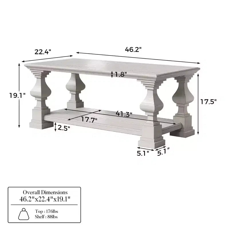 Tavolino da caffè Homsee in legno massello stile rustico, ripiano portaoggetti a doppio livello, gambe decorative ornate, tavolino centrale per mettere ordine nel caos
