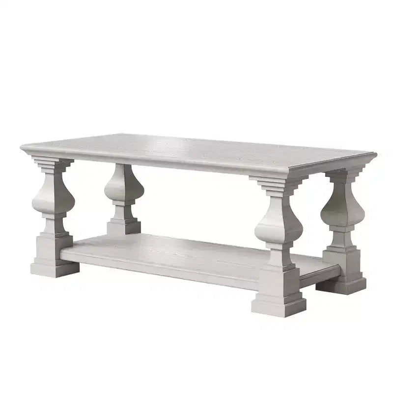 Tavolino da caffè Homsee in legno massello stile rustico, ripiano portaoggetti a doppio livello, gambe decorative ornate, tavolino centrale per mettere ordine nel caos
