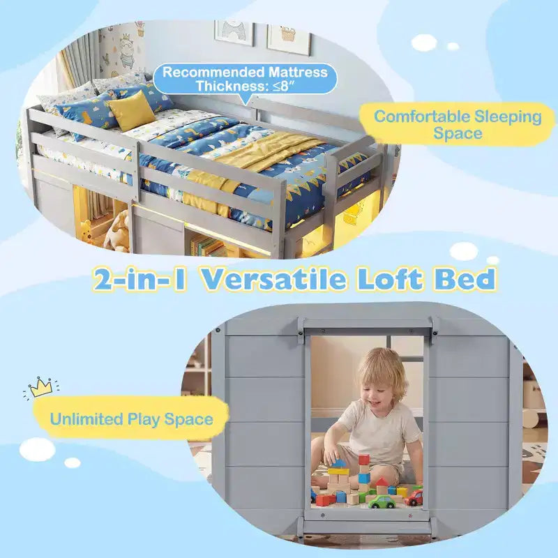 Costway Letto a soppalco singolo con luci a LED, 2 ante e ripiani sotto il letto per bambini