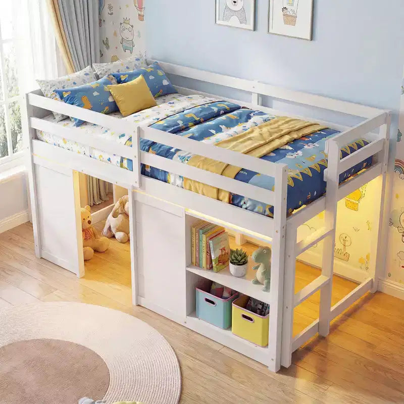 Costway Letto a soppalco singolo con luci a LED, 2 ante e ripiani sotto il letto per bambini