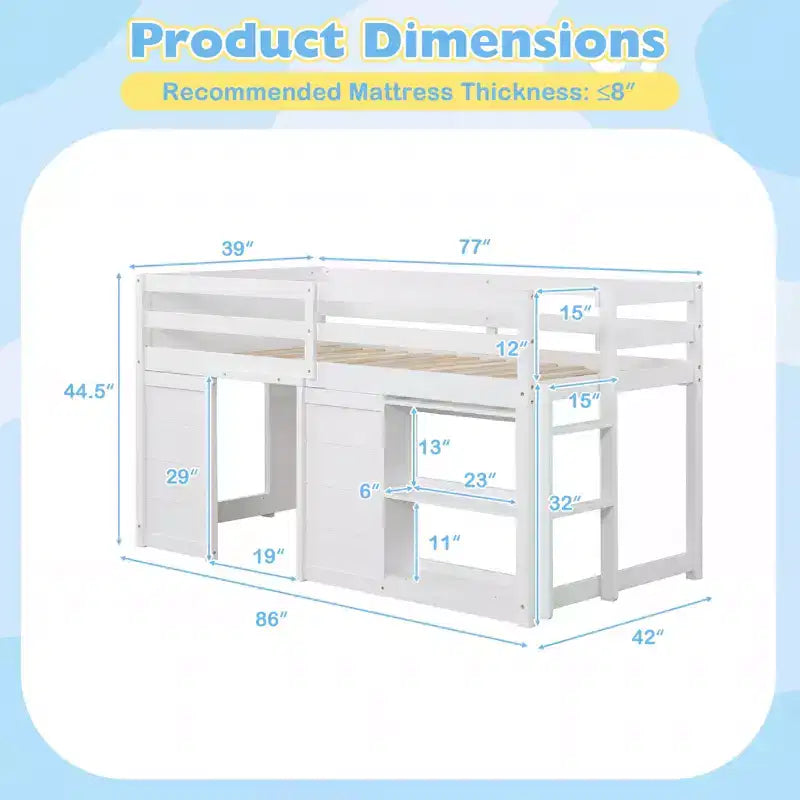 Costway Letto a soppalco singolo con luci a LED, 2 ante e ripiani sotto il letto per bambini