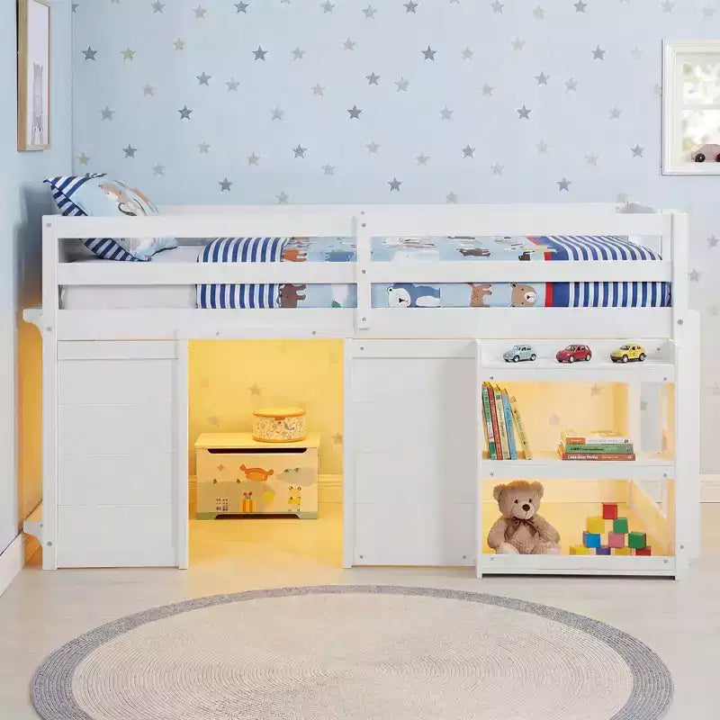Costway Letto a soppalco singolo con luci a LED, 2 ante e ripiani sotto il letto per bambini