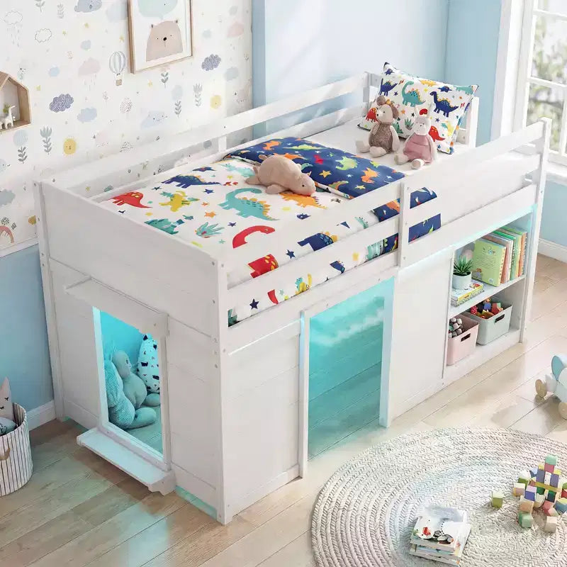 Costway Letto a soppalco singolo con luci a LED, 2 ante e ripiani sotto il letto per bambini