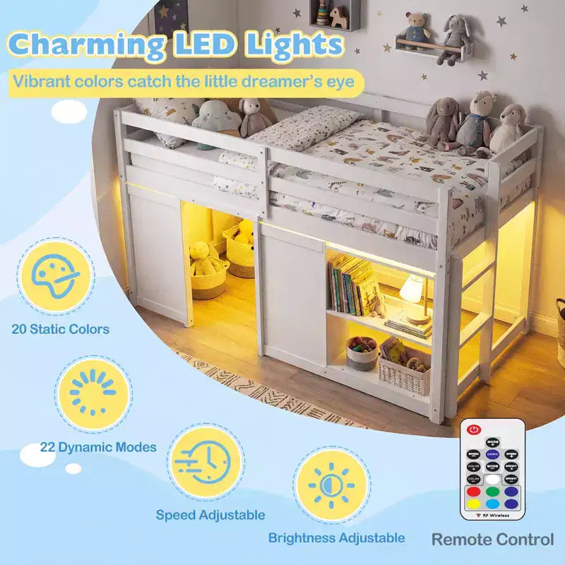 Costway Letto a soppalco singolo con luci a LED, 2 ante e ripiani sotto il letto per bambini