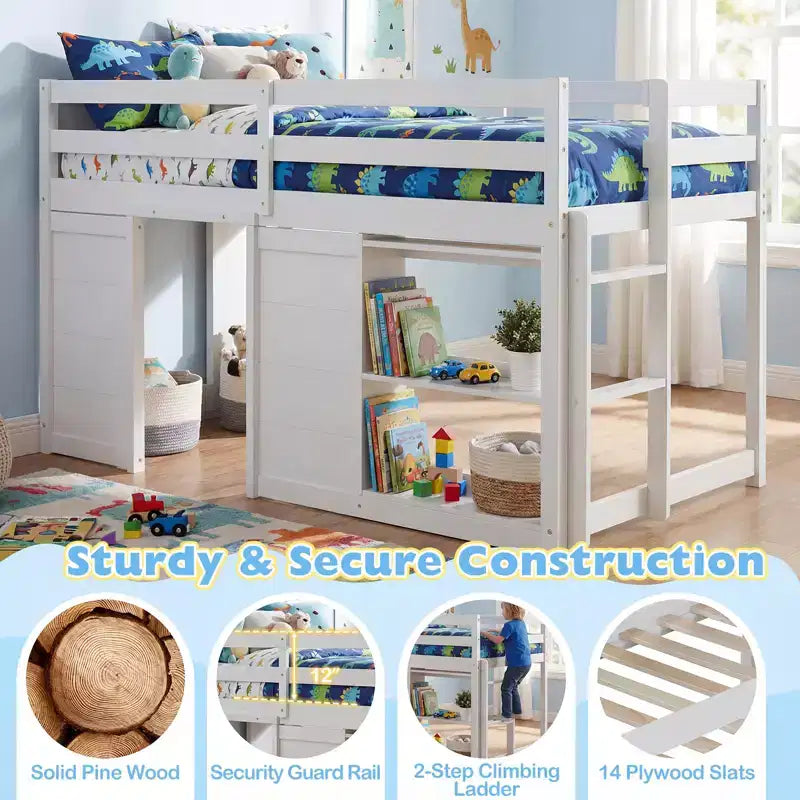 Costway Letto a soppalco singolo con luci a LED, 2 ante e ripiani sotto il letto per bambini