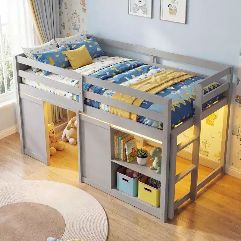 Costway Letto a soppalco singolo con luci a LED, 2 ante e ripiani sotto il letto per bambini