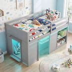Costway Letto a soppalco singolo con luci a LED, 2 ante e ripiani sotto il letto per bambini