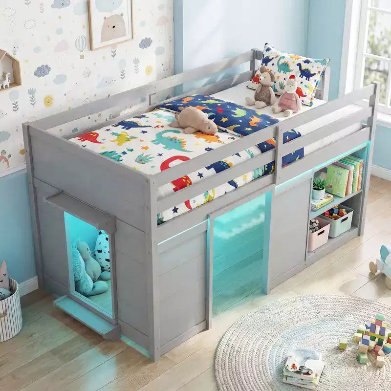 Costway Letto a soppalco singolo con luci a LED, 2 ante e ripiani sotto il letto per bambini