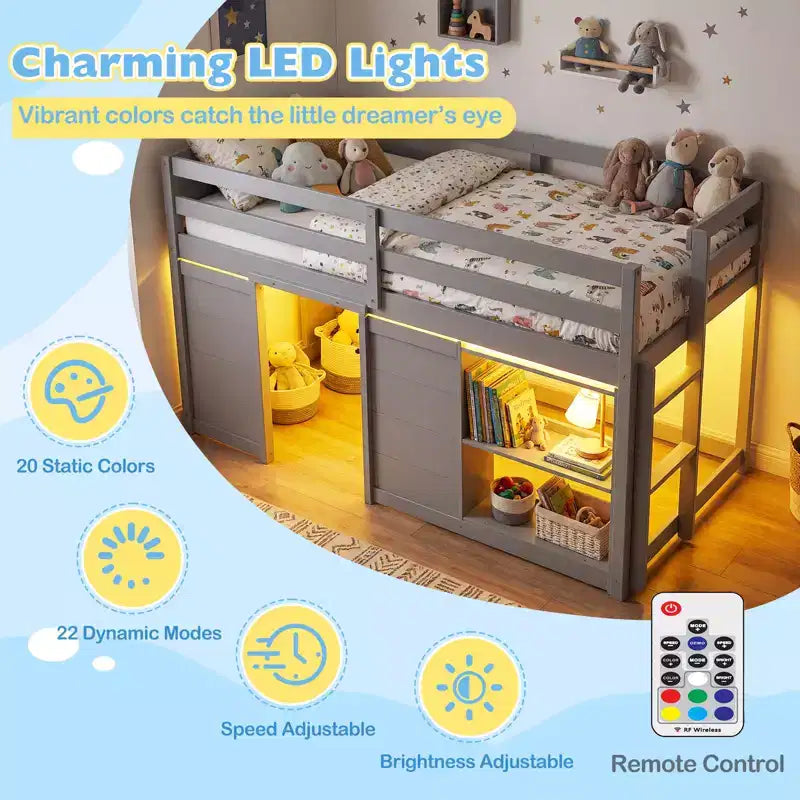 Costway Letto a soppalco singolo con luci a LED, 2 ante e ripiani sotto il letto per bambini