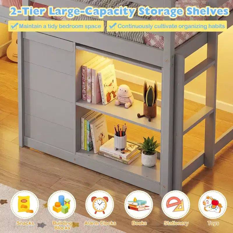 Costway Letto a soppalco singolo con luci a LED, 2 ante e ripiani sotto il letto per bambini