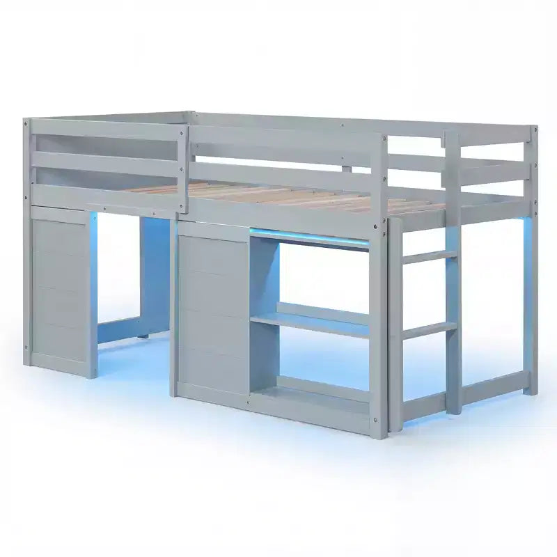 Costway Twin Size Loft Bed w/ LED Lights 2 Doors Underbed Space & Shelves for Kids