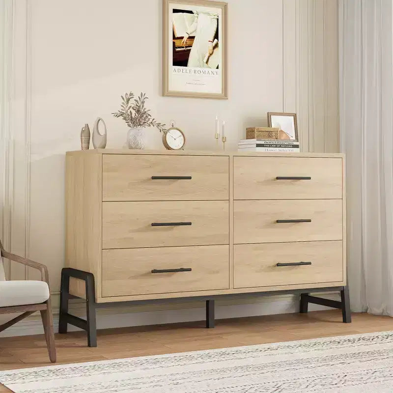 Comò a 6 cassetti per camera da letto, cassettiera larga 132 cm con ampio spazio di archiviazione, cassettiera autoportante in legno per soggiorno, camera da letto, ingresso