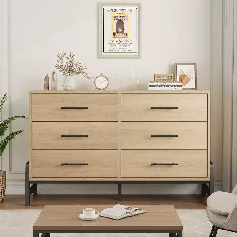 Comò a 6 cassetti per camera da letto, cassettiera larga 132 cm con ampio spazio di archiviazione, cassettiera autoportante in legno per soggiorno, camera da letto, ingresso