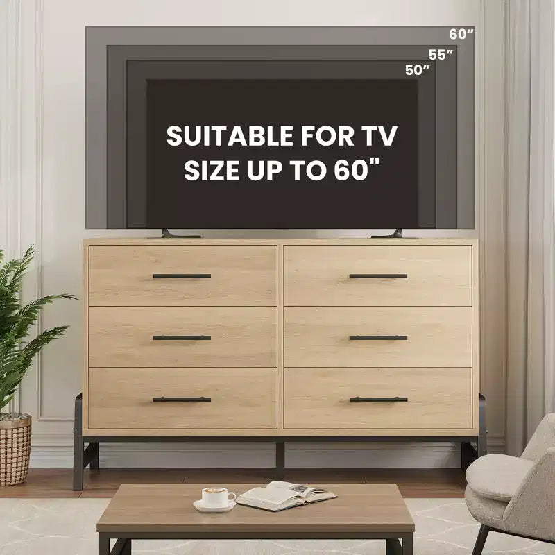 Comò a 6 cassetti per camera da letto, cassettiera larga 132 cm con ampio spazio di archiviazione, cassettiera autoportante in legno per soggiorno, camera da letto, ingresso