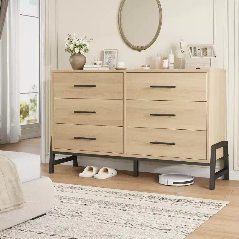 Comò a 6 cassetti per camera da letto, cassettiera larga 132 cm con ampio spazio di archiviazione, cassettiera autoportante in legno per soggiorno, camera da letto, ingresso