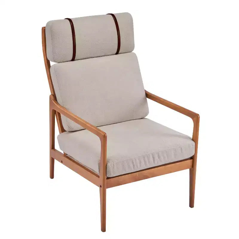 Poltrona d'Appoggio Mid-Century Modern con Struttura in Legno Massiccio, Cuscini Imbottiti Grigio Chiaro, per Salotto